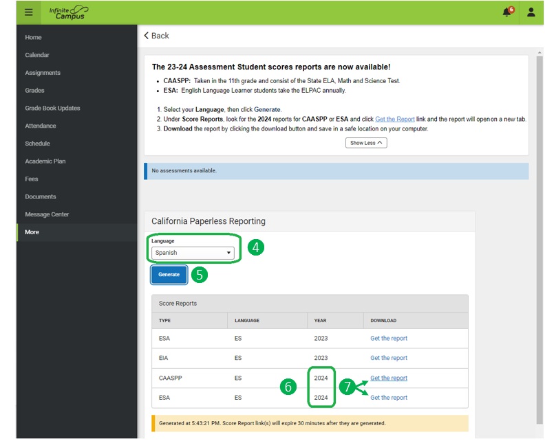 Select your Language then click the Generate button. Find the 2024 score report and click the link Get the Report.