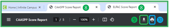 The score reports open in a new tab to view. Click download to SAVE or the printer to PRINT.